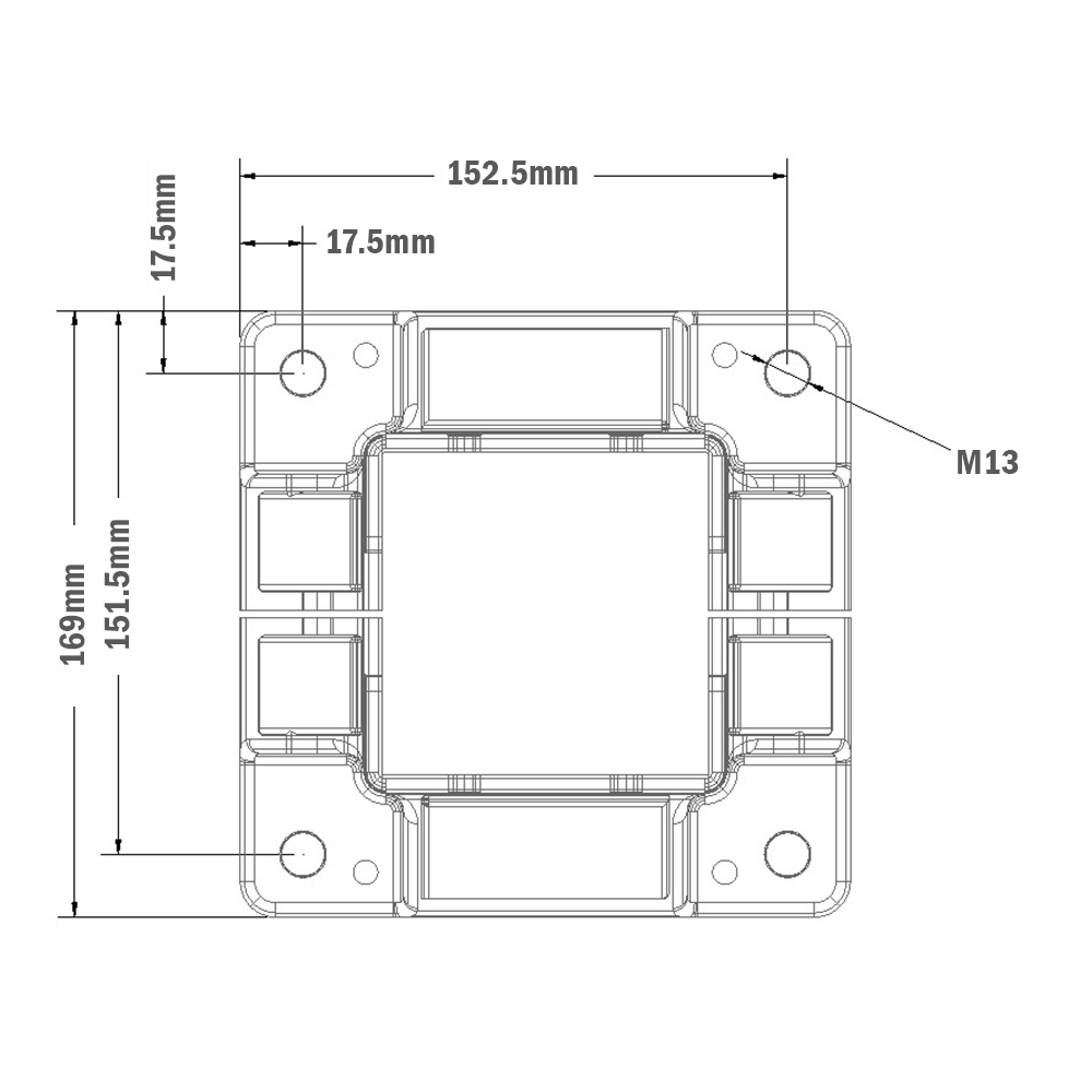 33-9090-7 MODULAR SOLUTIONS FOOT<br>90MM X 90MM (4) SIDED FOOT W/12MM FLOOR ANCHOR HOLES, HEIGHT = 105MM